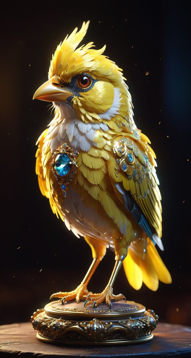 A canary ,generate a celestial adorable non-human animal in the style of celestial and fantasy. the animal should be the most beautiful animal ever created. Consider details like fluffy and feathers and silk and satin and shimmer and glimmer. Include subtle details of phantasmal iridescence. emphasize small details of fantasy and ornate jewels. camera: utilize interesting and dynamic composition. enhance visual interest. lighting: use ambient lighting that enhances the ambiance of fantasy. include bold colors and deep shadows. hires, detailed eyes, hires detailed eyes, hires small details, ornate, intricate details, 8k, shimmer, unity, official cgi unreal engine, high resolution, (((masterpiece))), high quality, highres, detail enhancement, (bright and clear eyes), 