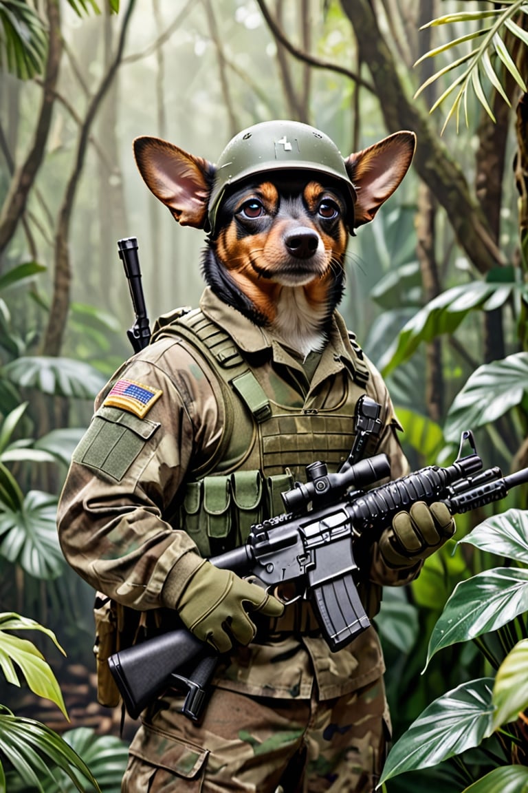 hawaii with a dog Dachshund Chihuahua face, soldier with rifle, camouflage clothing, tactical gloves, background of the image a jungle, medium shot, medium view