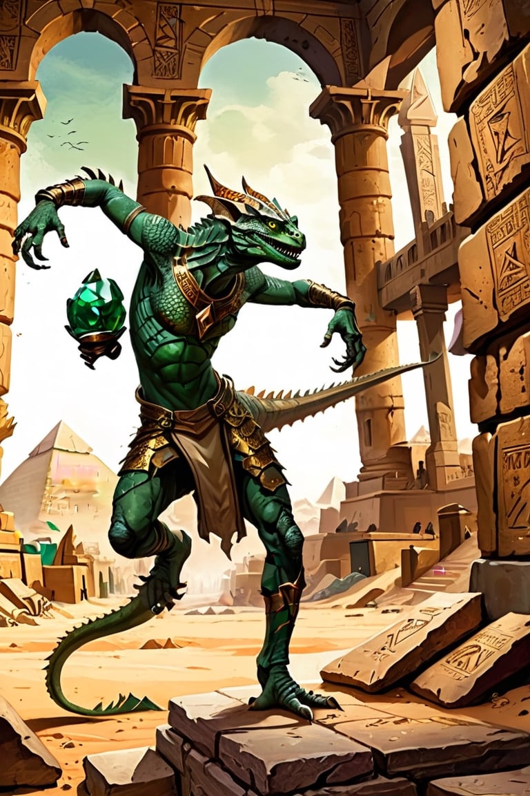 full body portrait, lizard man, wizard character, scales, wizard, mage, bronze dragon, dragonborn, anthropomorphic, creature, mottled, illustration, sunburn, lizard man, emerald green eyes, realistic fantasy artwork, fantasy background, leather , The environment is the Egyptian pyramids and the Sphinx,