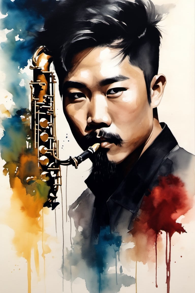 In the style of yingjer lin, play saxophone,a handsome oriental man emerges from the depths of darkness, her essence being a fusion of handsomeness and intelligence.  With his piercing eyes and heavy metal band's ebony hair, he exudes an aura of mystery that draws the audience into his world.  Bao's brushstrokes imbue the painting with a unique blend of realism and abstraction, highlighting the Oriental boy's delicate features and contrasting with the deep, rich tones.  The interplay of light and shadow adds depth and dimension to the artwork, creating a hauntingly beautiful portrait of this Gothic muse.  Baugh's unique style captures the essence of a man's mysterious nature, inviting the viewer to explore the depths of her soul, nsfw, portrait art, portrait art style, 1 boy, ink