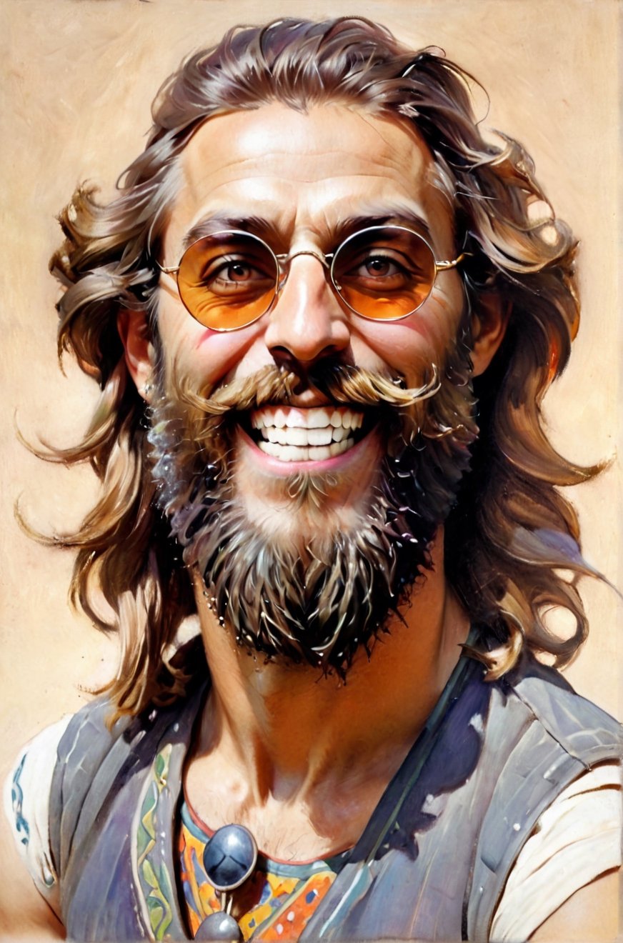 Oil painting portrait, upper body of hippie man, oblique side angle, sunglasses, very detailed beard, art of John Singer Sargent, hair detail, eye detail, hair and beard detail, focus on eyes, hippie Neck and shoulder tattoo, wearing vest and smiling, poster style