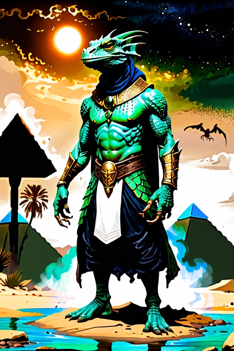 full body portrait, lizard man, wizard character, scales, wizard, mage, bronze dragon, dragonborn, anthropomorphic, creature, mottled, illustration, sunburn, lizard man, emerald green eyes, realistic fantasy artwork, fantasy background, leather , Egyptian Pyramids and Sphinx,