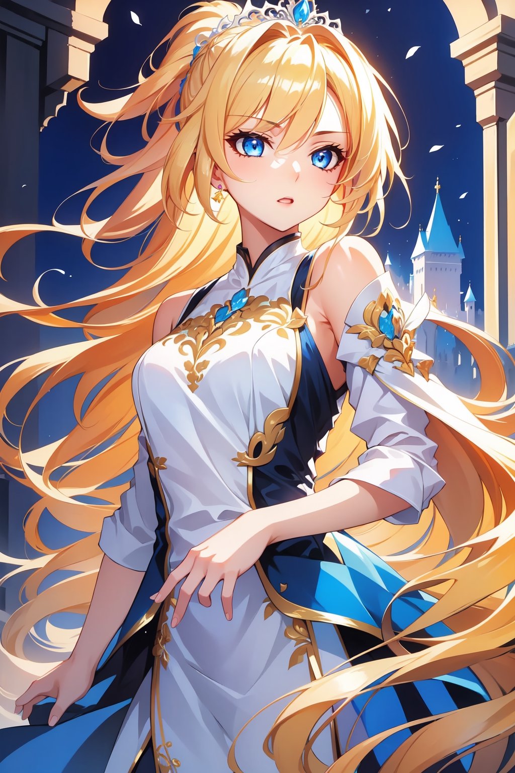 one girl, beautiful hands ,masterpiece,best quality, calca, blonde hair, short hair, medium chest, extremely long hair, very long hair, extra lonh hair, white tiara, white dress, blue eyes, castle in background. ponytail hairstyle