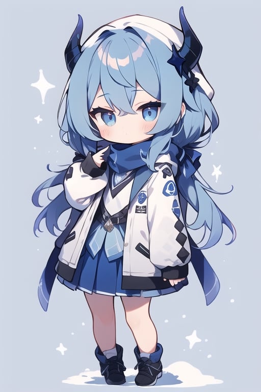 1girl, solo, long hair, looking at viewer, bangs, blue eyes, skirt, long sleeves, hair between eyes, very long hair, closed mouth, blue hair, standing, jacket, pleated skirt,tiny blue horns, shiny, hand up, miniskirt, scarf, shiny hair, feet out of frame, blue background, white skirt, low-tied long hair, white scarf, chibi, snow background 