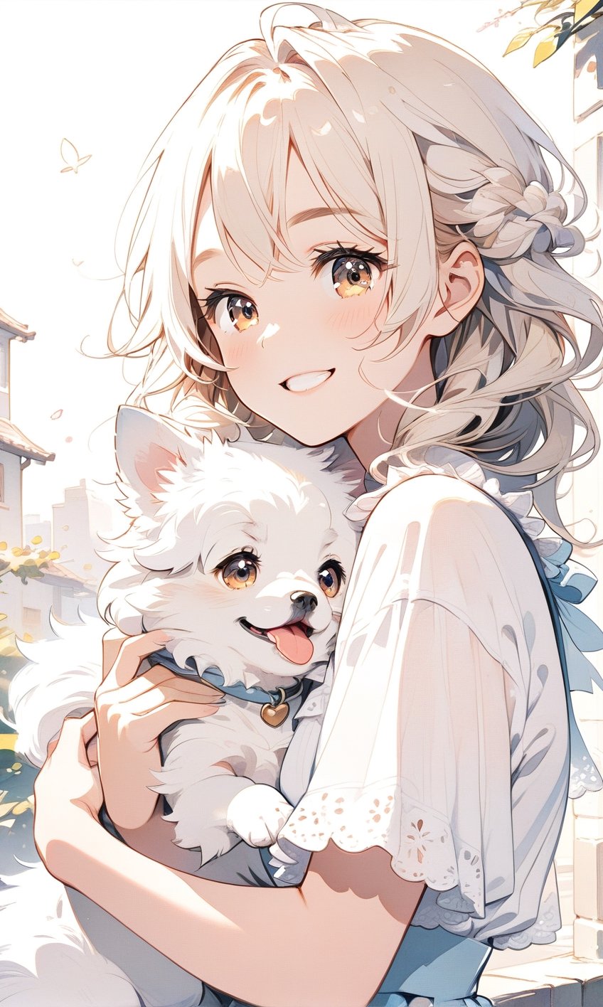 girl holding her small white furry dog ​​while smiling
 ,cute,anime