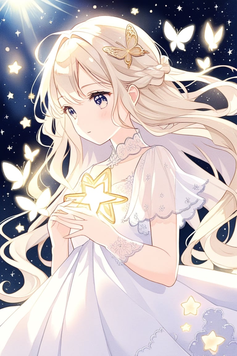 A girl with beige hair that seems to be illuminated by sunlight, with golden highlights in her mane. She could be surrounded by magical elements like stars or butterflies.


,cute,anime,mix,pastel,