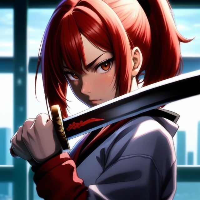 Close-up view of the katana tip held by Akane, a 20-year-old anime-style character, during her swordsmanship training. The image focuses on the finely crafted blade of her Japanese sword, reflecting light with its sharp, gleaming edge. Akane's red ponytail and part of her black hooded top are visible in the background, suggesting her intense training session in a modern dojo. The background subtly features the futuristic cityscape of Neo Tokyo through large windows, enhancing the scene's depth and setting. The emphasis is on Akane’s correct hand position as she grips the katana, showing proper swordsmanship technique.