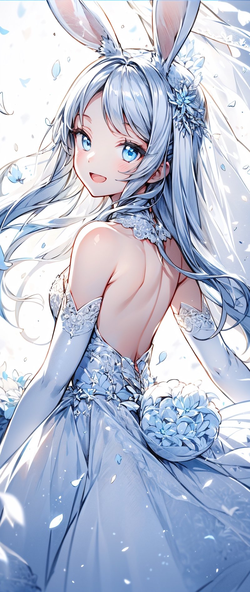 1 rabbit girl, (iolite eyes:1.1), rabbit ears, rabbit tail, light blue hair, parted bangs, (half-closed eyes:0.8), smile, open mouth, small face, 
veil, (bridal:1.1), carefully embroidered wedding dress, elbow gloves, 
(carpet:0.8), flower, blessed shining sunlight, (light particles:1.1), white petal, (church:0.8), 
sharp focus, face focus, looking at viewer, cowboy shot, from behind, solo, 
(intricate:1.1), (bright white theme:1.3), (bright white tone:1.3), (silver tone:1.3), illustration