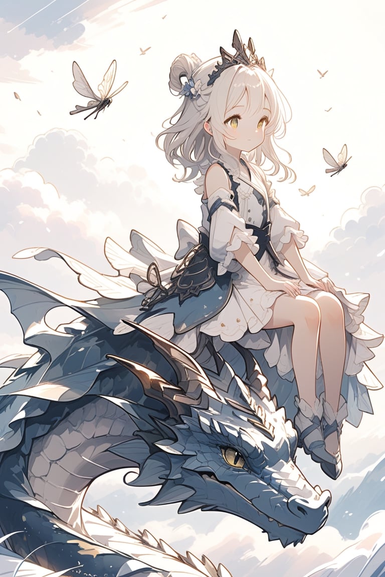  girl riding on top of a dragon while the dragon flies above the clouds
cute,mix,anime,princess