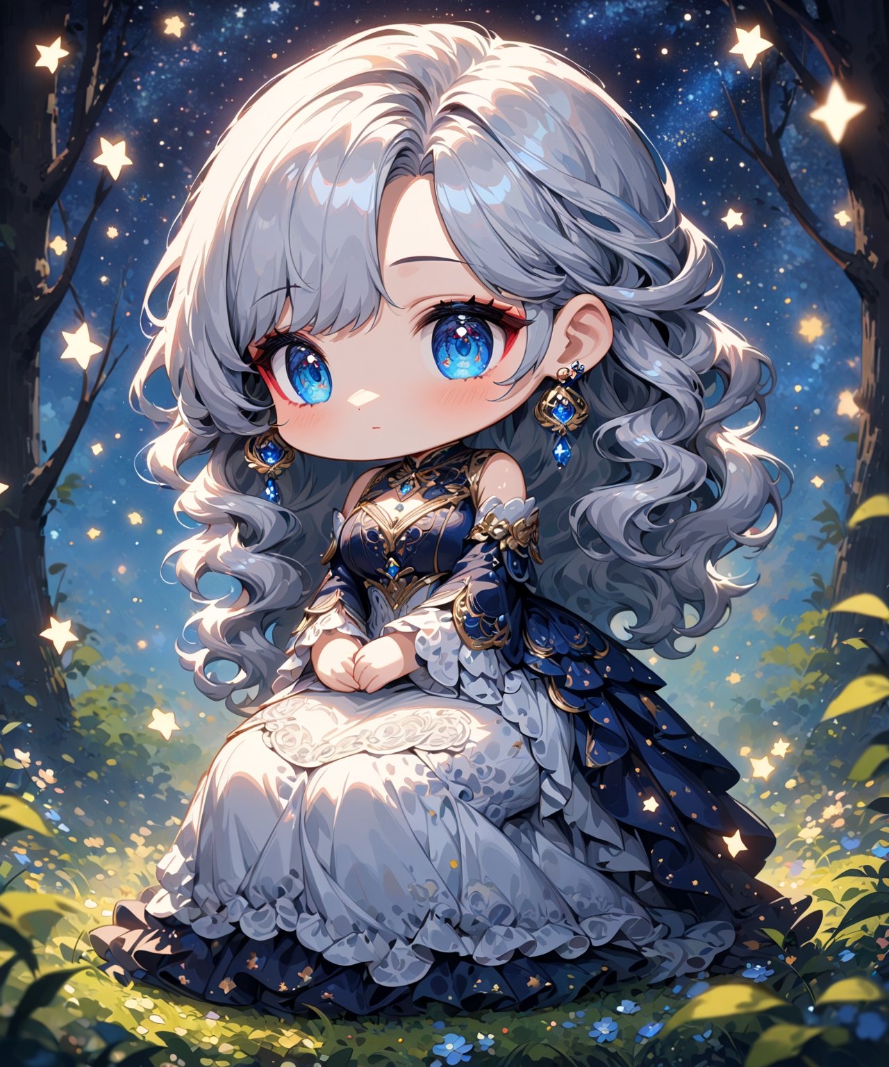 Masterpiece, 4K, ultra detailed, ((solo)), ((chibi)), anime impressionism art style, elegant mature woman with beautiful detailed eyes and glamorous makeup, long flowy gray hair, finely detailed earrings, hands resting on laps, sitting in a flowering forest,  swirling starry night, more detail XL, SFW, depth of field,