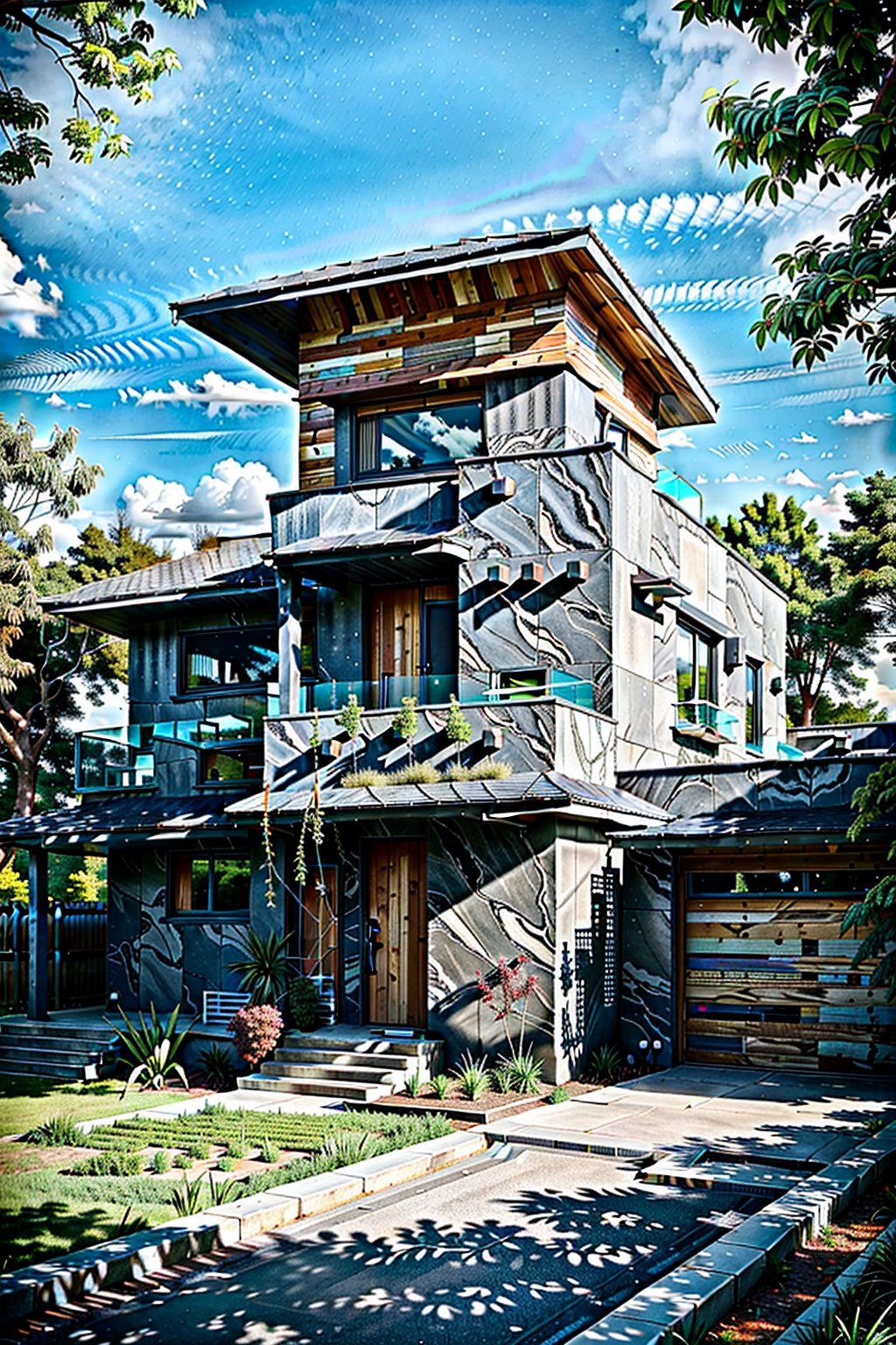 (masterpiece),(high quality), best quality, real,(realistic), super detailed, (full detail),(4k),8k,modern house exterior design,Modern architecture,Beautiful_sky,Day light, no_humans, outdoors,sky,tree,Garden flower front of building, ARIEL VIEW,Dream house,small house,2 floors,wood accent,industrial modern