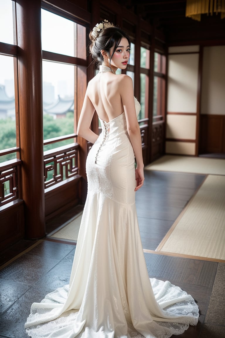 1 japanese girl, 185cm tall, solo,best resolution, model poses, best quality, masterpiece, perfect face, juicey lip, white shiny skin, ((bresat:1.7)), looking back, short black hair, gold hair ornament,She wears her hair in a bun,((chinese type wedding dress)), Backless outfit, standing, flower,chinese tea house ,s-shape body:1.75,full body,