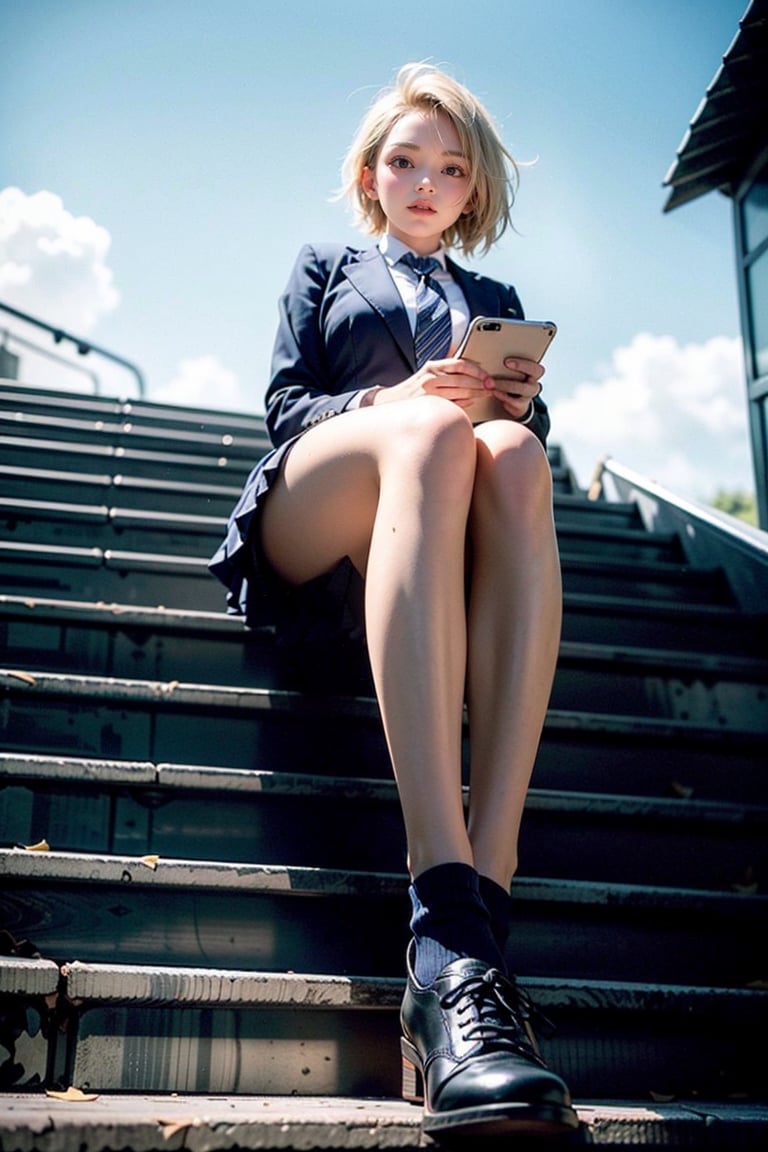 1 girl, solo, japanese girl, 20 year old, 178cm tall ,light pink lip, white shiny skin, (short blonde hair), ((big breast:1.4)),((long skinny legs)),((sitting on stairs)), ((school uniform)), dark blue pleated skirt, dark blue diagonal striped tie, black shoes, dark blue socks, outdoor, sky,(from below:1.7),side view,