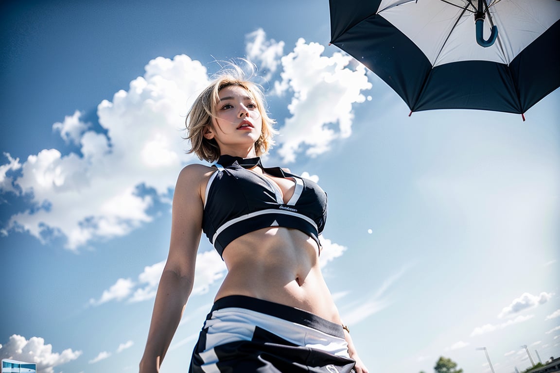 1girl, solo, breasts, skirt, large breasts, blonde short hair, navel,  (cleavage:1.5), standing, model pose, outdoors, day, sun, midriff,  (right hand holding umbrella), (Blue and white short sport sleeved top), Blue mini skirt , ((sport car)), Race girl, ,Samme,Race Queen,(full shot:1.5), (from below:1.7),