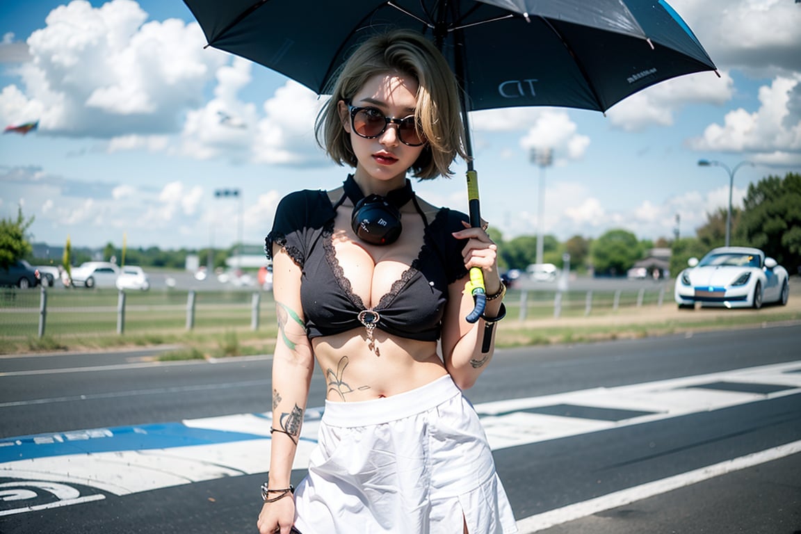 1girl, solo, breasts, skirt, large breasts, blonde short hair, navel,  (cleavage:1.5), standing, model pose, outdoors, day, sun, midriff,  (right hand holding umbrella), (Blue and white short sport sleeved top), Blue mini skirt , ((sport car)), Race girl, ,Samme,Race Queen