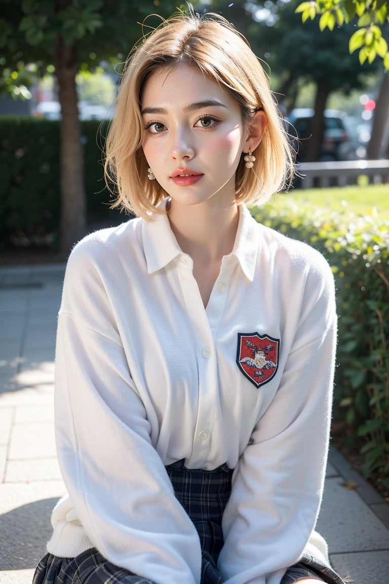 1girl , japanese girl , 18 year old , perfect body , hot body, perfect face , model poses , Perfect bresat , blonde hair , short hair , simple tiy earrings, ((white skin)) , makeup,best resolution, best quality, ((masterpiece)), day, sunlight , park, uniform ,