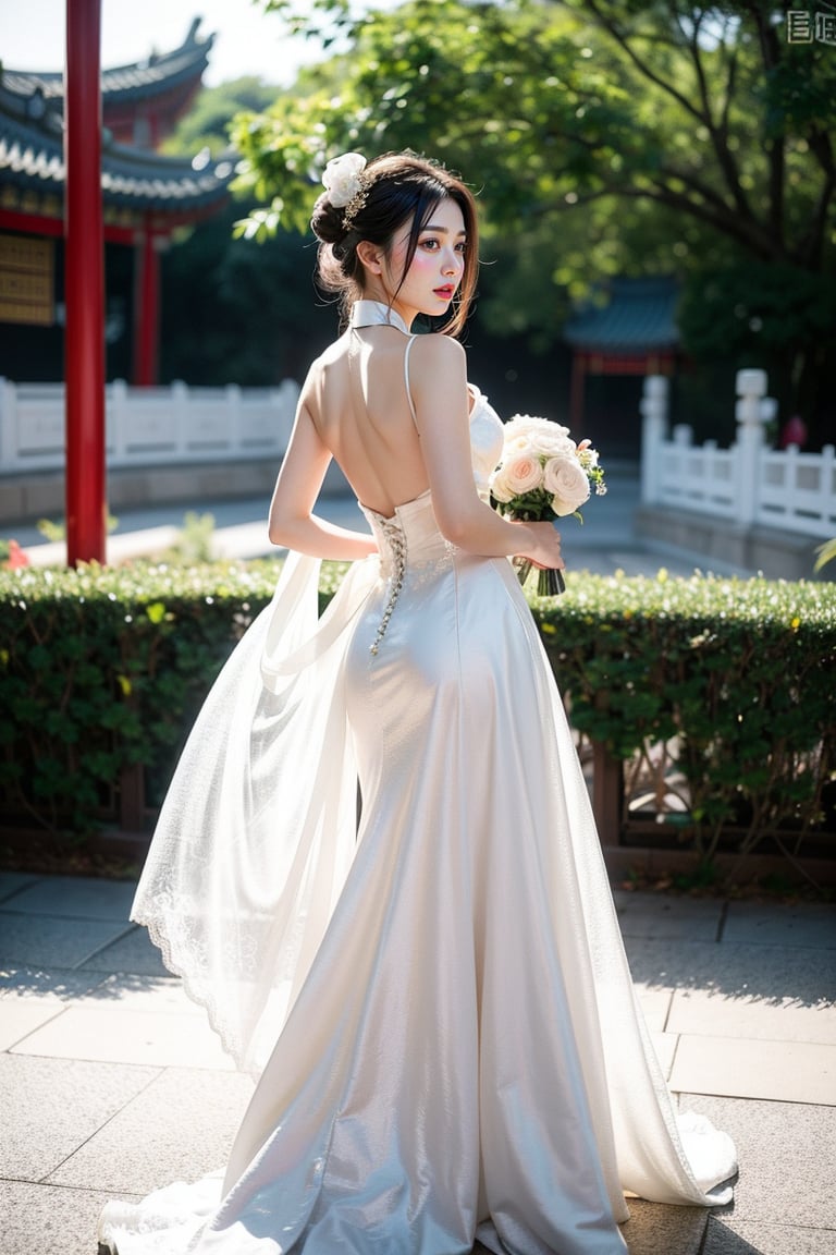 1 japanese girl, 185cm tall, solo,best resolution, model poses, best quality, masterpiece, perfect face, juicey lip, white shiny skin, ((bresat:1.7)), looking back, short black hair, gold hair ornament,She wears her hair in a bun,((chinese type wedding dress)), Backless outfit:1.7, standing, flower,chinese tea house ,s-shape body:1.75,full body,