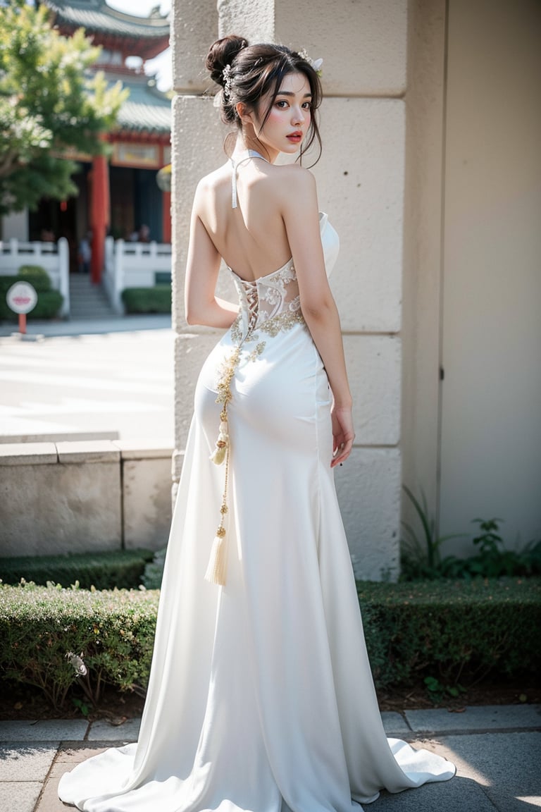 1 japanese girl, 185cm tall, solo,best resolution, model poses, best quality, masterpiece, perfect face, juicey lip, white shiny skin, ((bresat:1.7)), looking at viewer, short black hair, gold hair ornament,She wears her hair in a bun,((chinese type wedding dress)), Backless outfit:1.7, standing, flower,chinese tea house ,s-shape body:1.75,full body,