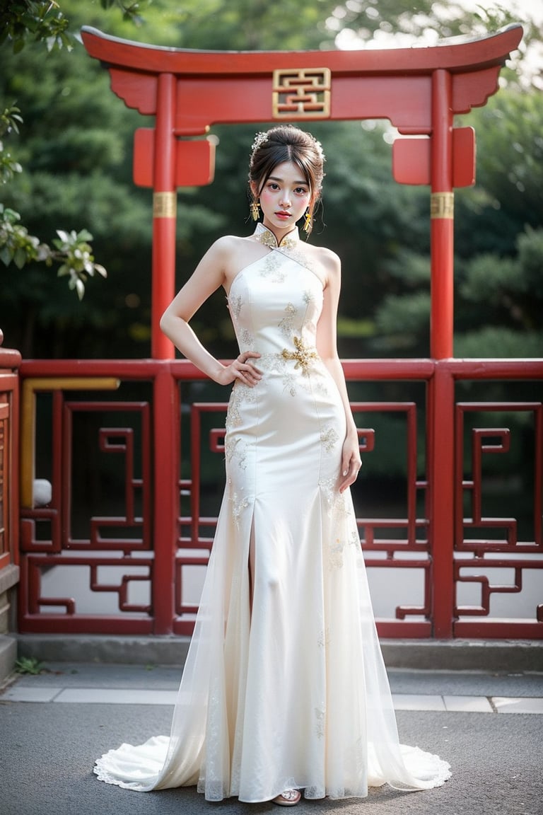 1 japanese girl, 185cm tall, solo,best resolution, model poses, best quality, masterpiece, perfect face, juicey lip, white shiny skin, ((bresat:1.7)), looking at viewer, short black hair, gold hair ornament,She wears her hair in a bun,((chinese type wedding dress)), Backless outfit:1.7, standing, flower,chinese tea house ,s-shape body:1.75,full body,