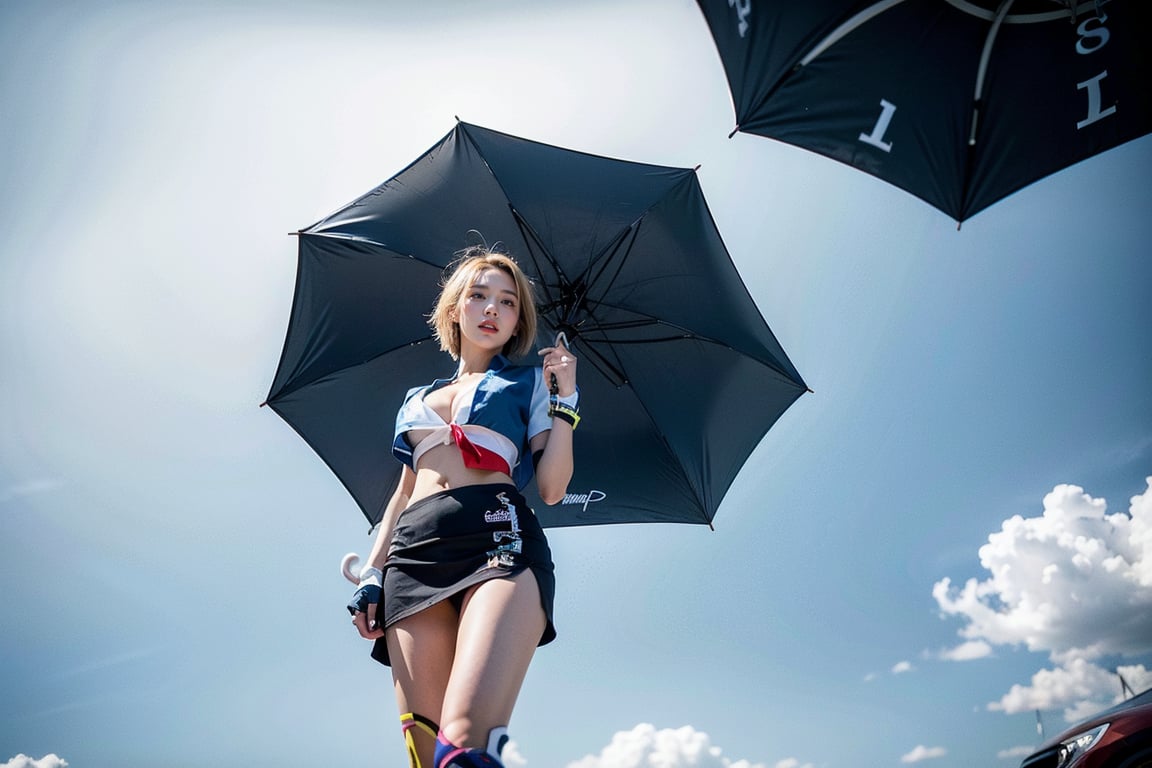 1girl, solo, breasts, skirt, large breasts, blonde short hair, navel,  (cleavage:1.5), standing, model pose, outdoors, day, sun, midriff,  (right hand holding umbrella), (Blue and white short sport sleeved top), Blue mini skirt , ((sport car)), Race girl, ,Samme,Race Queen,(full shot:1.5), (from below:1.5),