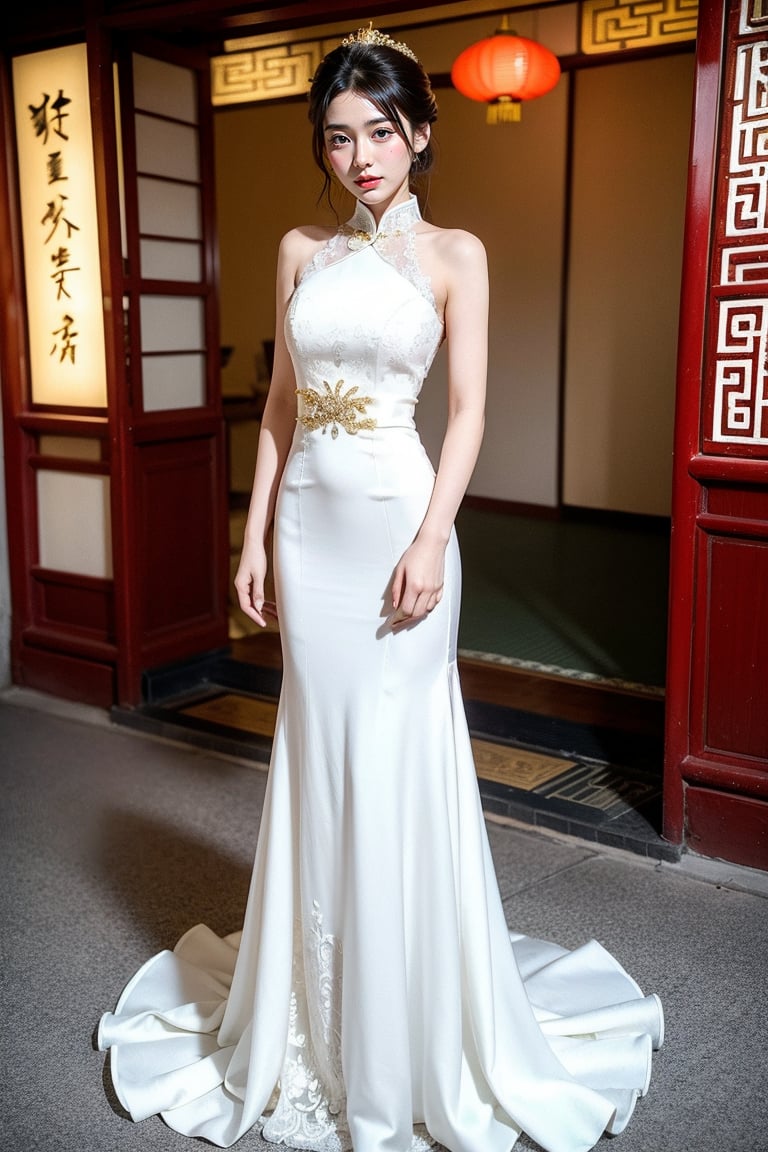 1 japanese girl, 185cm tall, solo,best resolution, model poses, best quality, masterpiece, perfect face, juicey lip, white shiny skin, ((bresat:1.7)), looking at viewer, short black hair, gold hair ornament,She wears her hair in a bun,((chinese type wedding dress)),  standing, flower,chinese tea house ,s-shape body:1.75,full body,