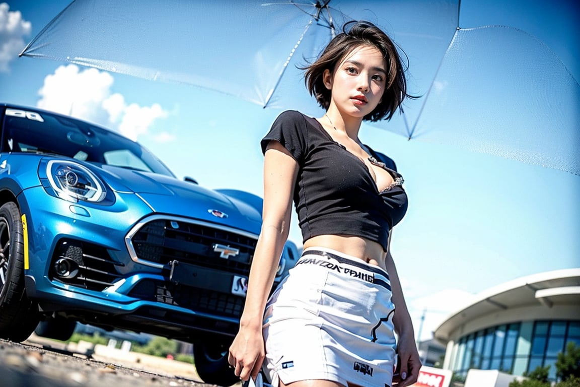 1girl, solo, breasts, skirt, large breasts, blonde short hair, navel,  (cleavage:1.5), standing, model pose, outdoors, day, sun, midriff,  (right hand holding umbrella), (Blue and white short sport sleeved top), Blue mini skirt , ((sport car)), Race girl, ,Samme,Race Queen,(full shot:1.5), (from below:1.5),