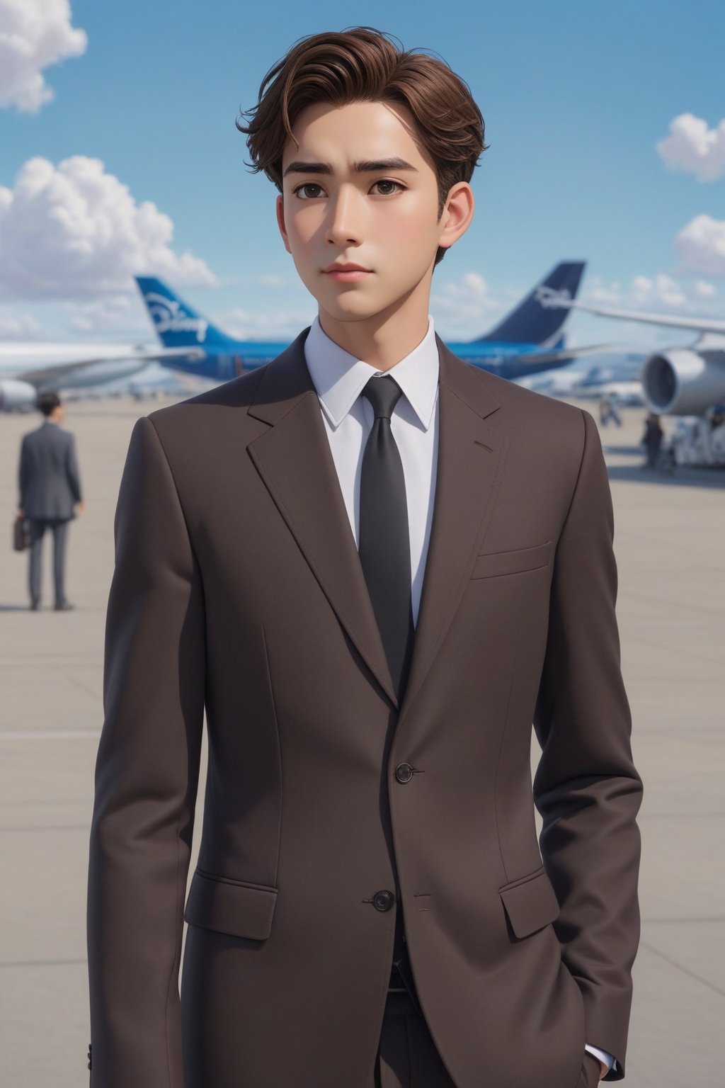 Highly detailed animation of a young businessman waiting at a airport,medium brown hair,brown skin,wearing a suit \(jacket and pants\),detailed airport backdropwith crowd,(Disney Pixar-style:1.3) BREAK (anime vibes:1.3),rule of thirds,studio photo,(masterpiece,best quality,trending on artstation,8K,Hyper-detailed,intricate details:1.3),cinematic lighting,by Karol Bak,Antonio López,Gustav Klimt,Gerald Brom and Hayao Miyazaki,ani_booster,real_booster,art_booster