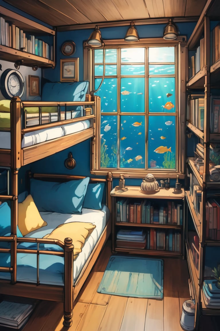 a cozy steampunk bedroom at the bottom of the ocean, bunk bed, books, aquarium, large window, vibrant colors, Studio Ghibli, StdGBRedmAF, lineart