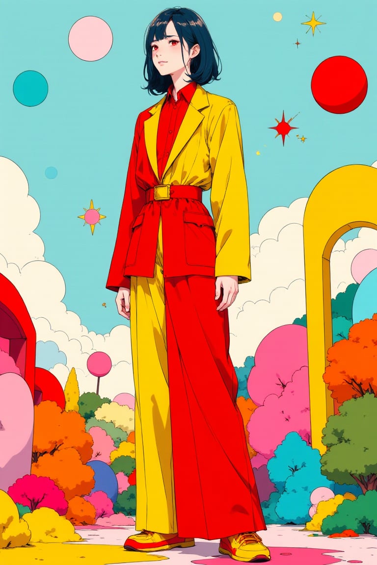 a woman in an avant-garde outfit inspired by Shigeo Fukuda and Adda Barrios. She wears a red and yellow dress with geometric shapes, optical illusions, and 3D elements. The dress has a structured silhouette and a playful design. The woman has a sleek, modern hairstyle with vibrant colored streaks. She stands in a whimsical environment with floating geometric shapes and colorful, translucent forms. The backdrop is an abstract landscape with graphic and organic forms.