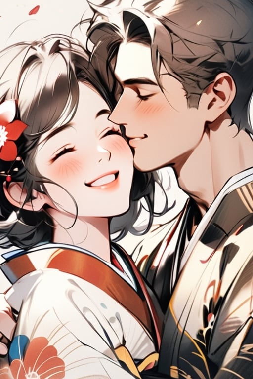 couple_(romantic), blush, brown hair, closed eyes, flower, hair ornament, japanese clothes, kimono, mates, open mouth, black hair, brown eyes, white hair, short hair, smile,CrclWc,simple background,charcoal \(medium\)