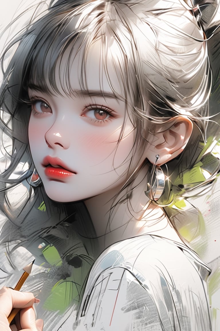 masterpiece, high quality realistic, pencil-sketch, pastel art style, (thin line:1.5), painting based on light-green, 1girl, solo, long hair, looking at viewer, blush, bangs, hair ornament, jewelry, red eyes, ponytail, black hair, earrings, parted lips, blurry, lips, eyelashes, portrait, light particles,(Pencil_Sketch:1.2