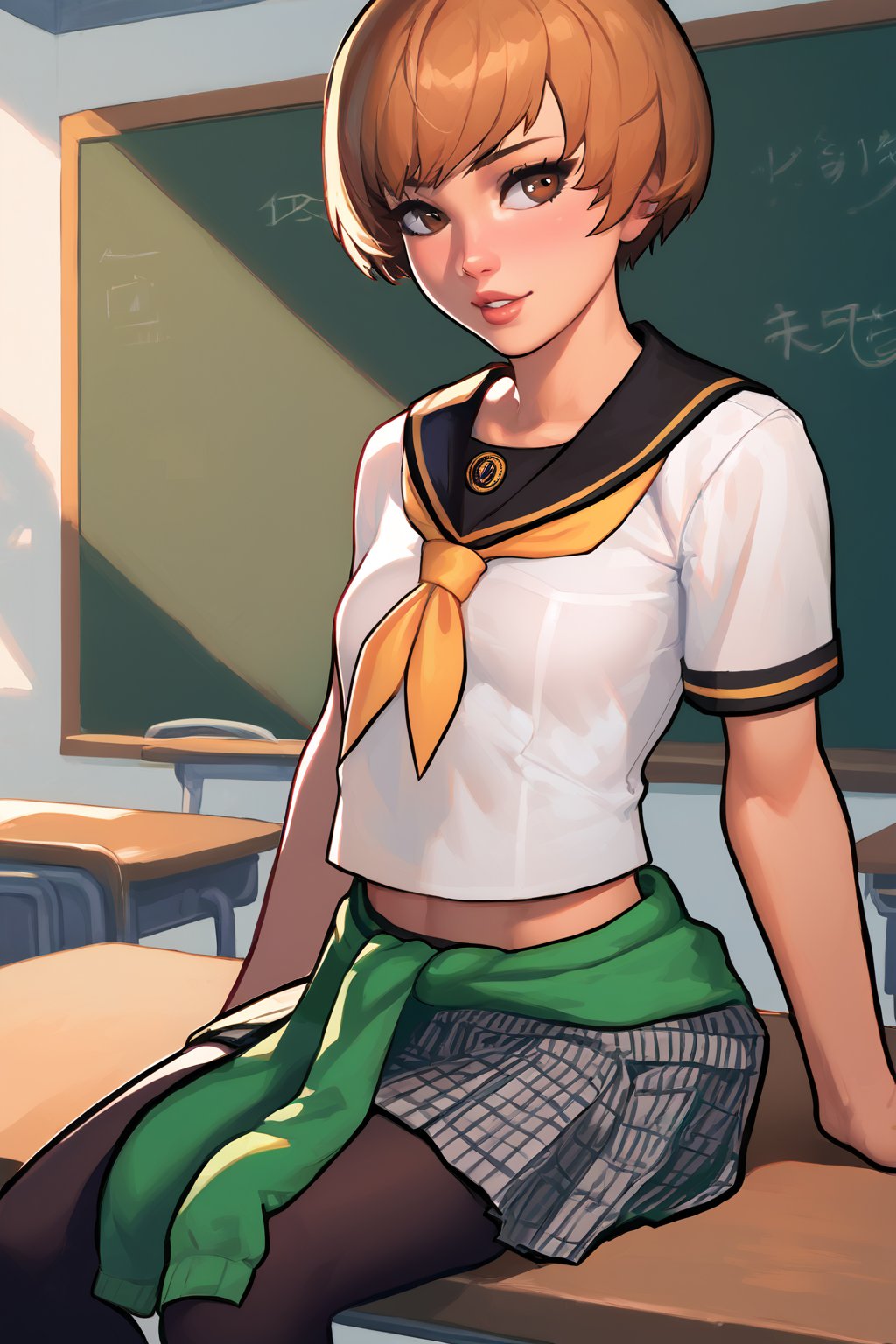 rating_explicit, score_9, score_8_up, score_7_up, source_anime, BREAK 1girl, chiesummeruniform, brown hair, short hair, brown eyes, white serafuku, yellow ribbon, clothes around waist, skirt, houndstooth,cowboy shot, japanese classroom, sitting on desk, athletic, skinny, finger_to_lips,
