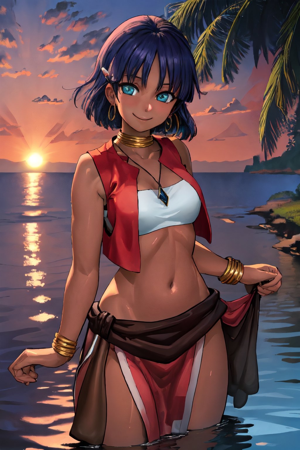 official art, extremely detailed CG unity 4k wallpaper, highly detailed, shiny skin, Depth of field, vivid color,vest, ,tube top,loincloth,blush, public, smile, nadia, lasterk, dark_skinned_female, standing_in_water, ocean, black_skin, sunset, bathing,