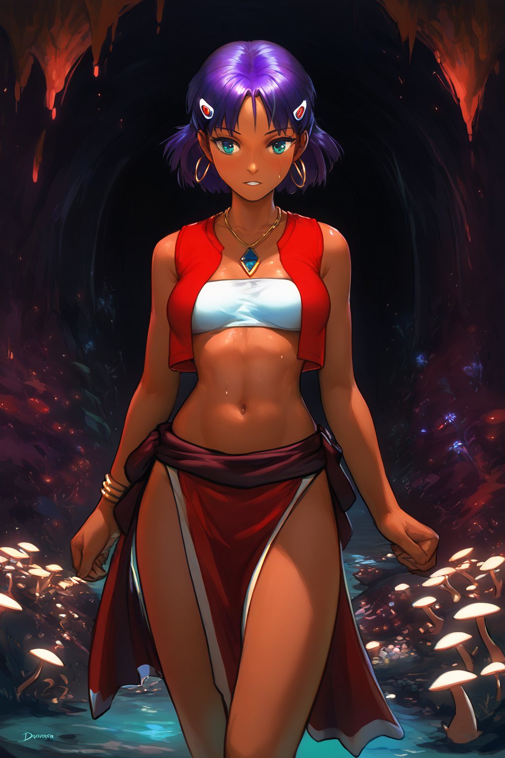 score_9, score_8_up, score_7_up, score_6_up, score_5_up, score_4_up, source:anime (nadia la arwall, 1girl, dark_purple hair, hairclip, jewelry, red loincloth, bandeau, red vest, necklace,athletic, sweaty), (dark_skinned_female:1.6) cave, colorful_mushrooms, spores, bioluminescent_mushrooms, walking, exploring, bioluminescent_lighting, dim_lighting,