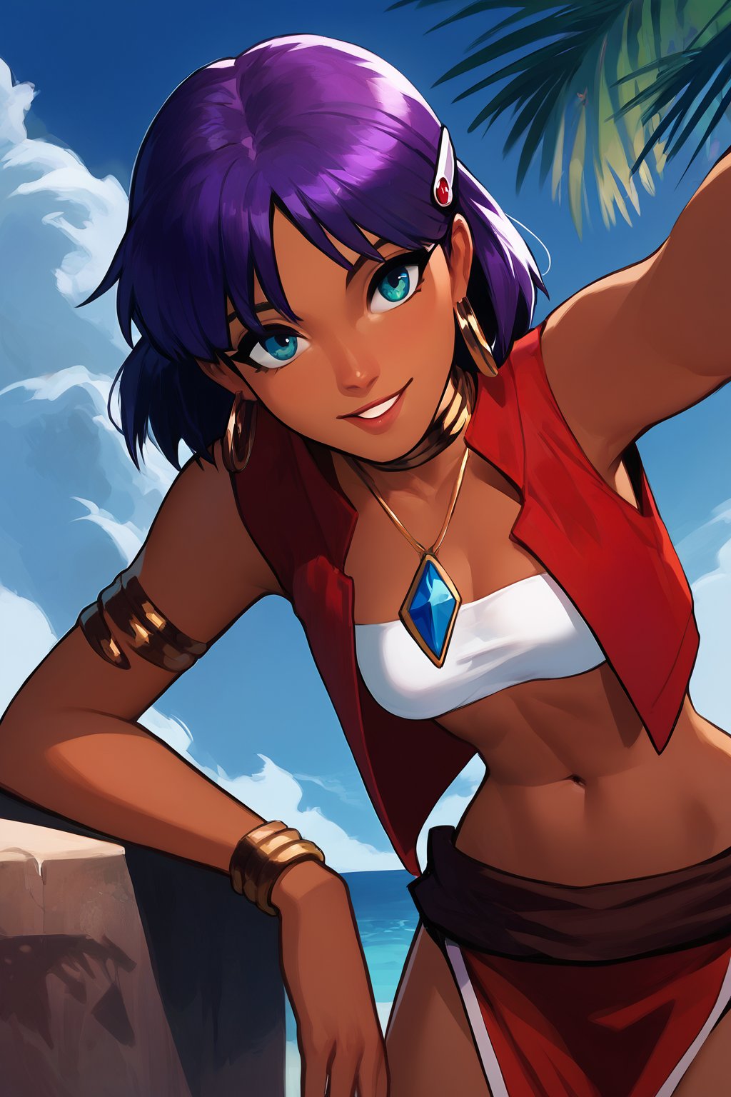 score_9, score_8_up, score_7_up, score_6_up, score_5_up, score_4_up, source:anime (nadia la arwall, 1girl, purple hair, hairclip, jewelry, red loincloth, bandeau, red vest, necklace,athletic), (dark_skinned_female:1.6) smile, beach, palm tree, blue sky, finger_to_lips, leaning_forward,