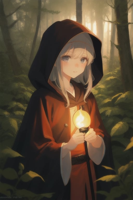 
girl in the forest at night holding a torch, having a cloak on with the hood on her head
,cute,anime,mix