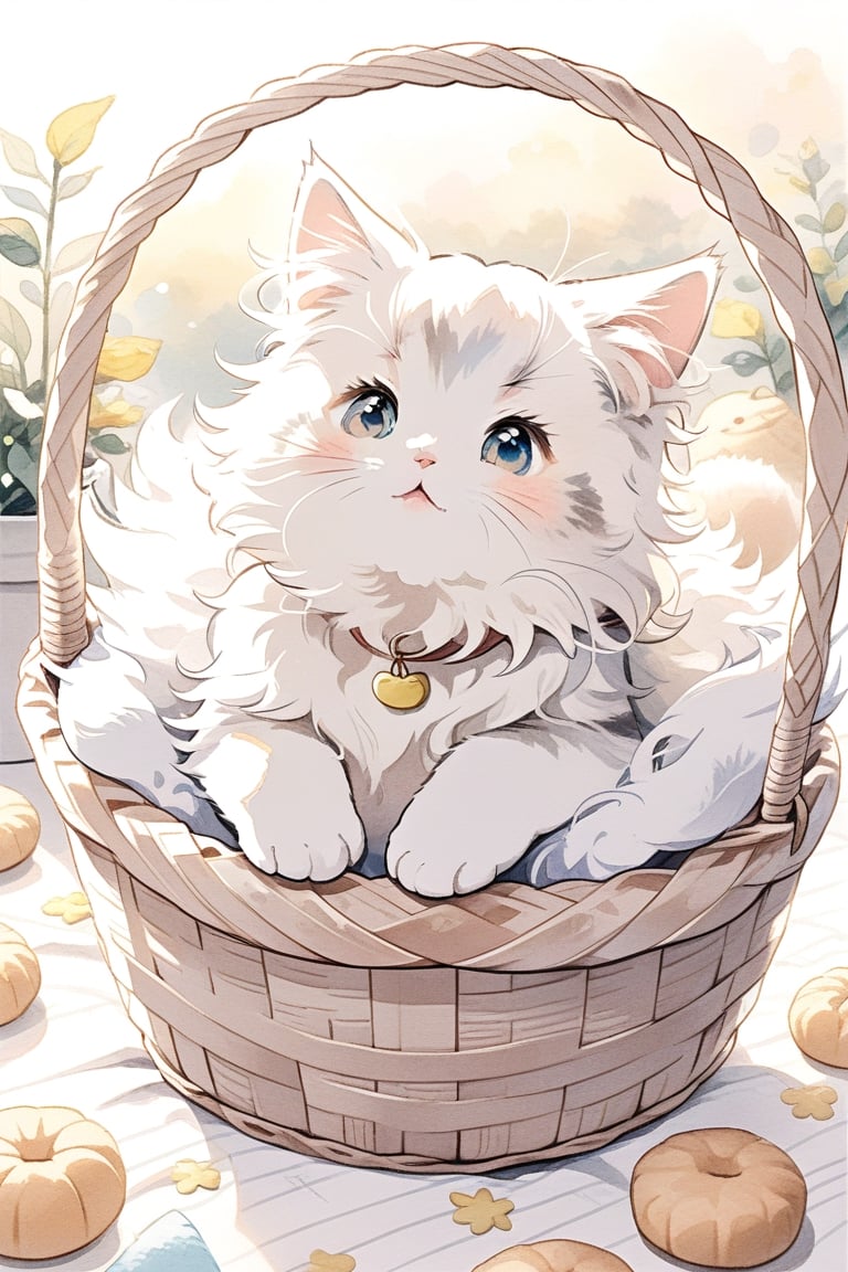 small fluffy white fluffy cat in a basket

,cute,anime,mix,pastel