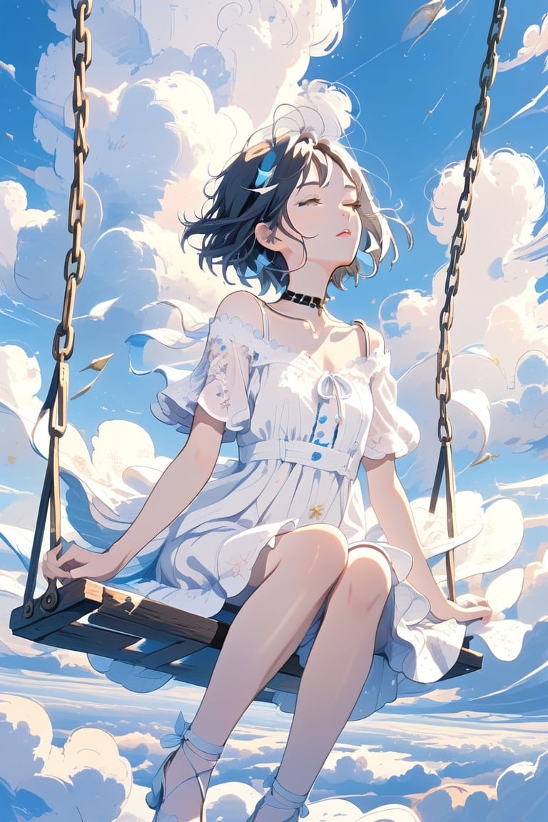 best quality,masterpiece,1girl, above clouds, solo, short hair, bangs, black hair, dress, sitting, closed eyes, short sleeves, outdoors, parted lips, sky, day, cloud, white dress, blue sky, cloudy sky, swing


,cute,anime,mix,pastel,scenery,AG