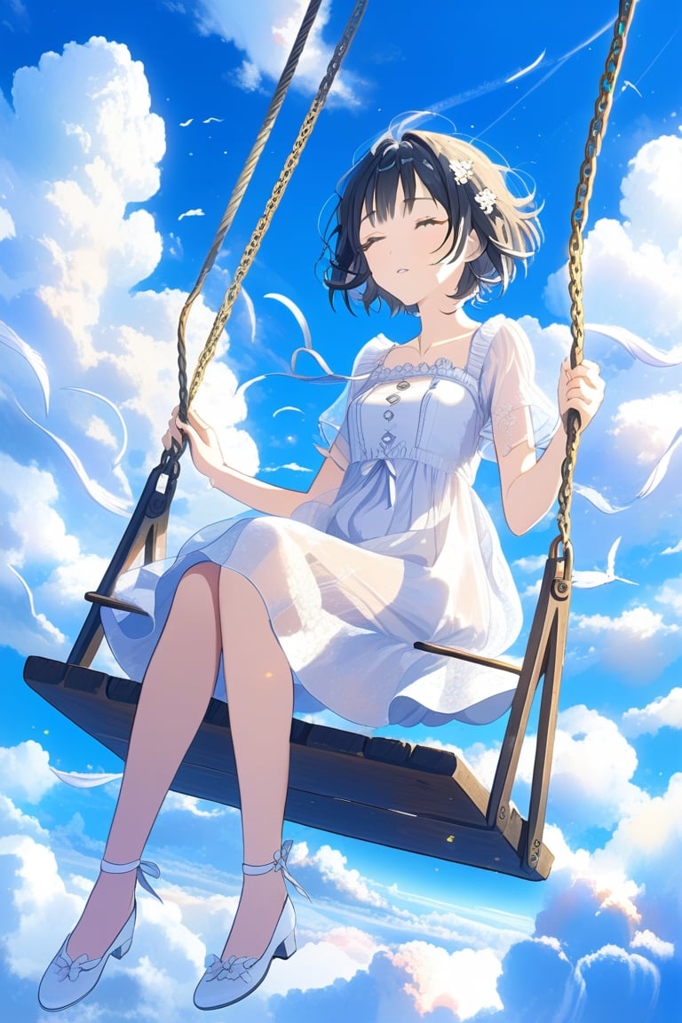 best quality,masterpiece,1girl, above clouds, solo, short hair, bangs, black hair, dress, sitting, closed eyes, short sleeves, outdoors, parted lips, sky, day, cloud, white dress, blue sky, cloudy sky, swing


,cute,anime,mix,pastel,scenery,AG