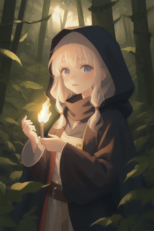 
girl in the forest at night holding a torch, having a cloak on with the hood on her head
,cute,anime,mix