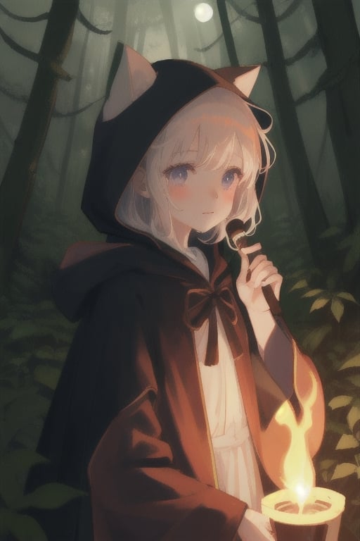 
girl in the forest at night holding a torch, having a cloak on with the hood on her head
,cute,anime,mix