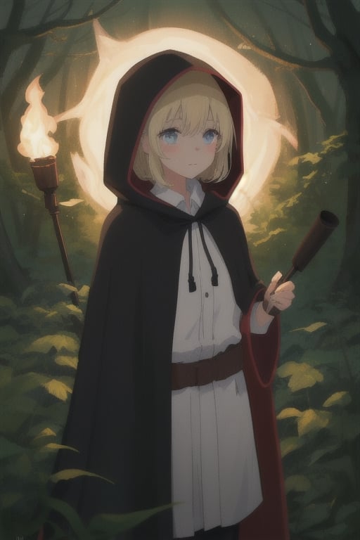 
girl in the forest at night holding a torch, having a cloak on with the hood on her head
,cute,anime,mix