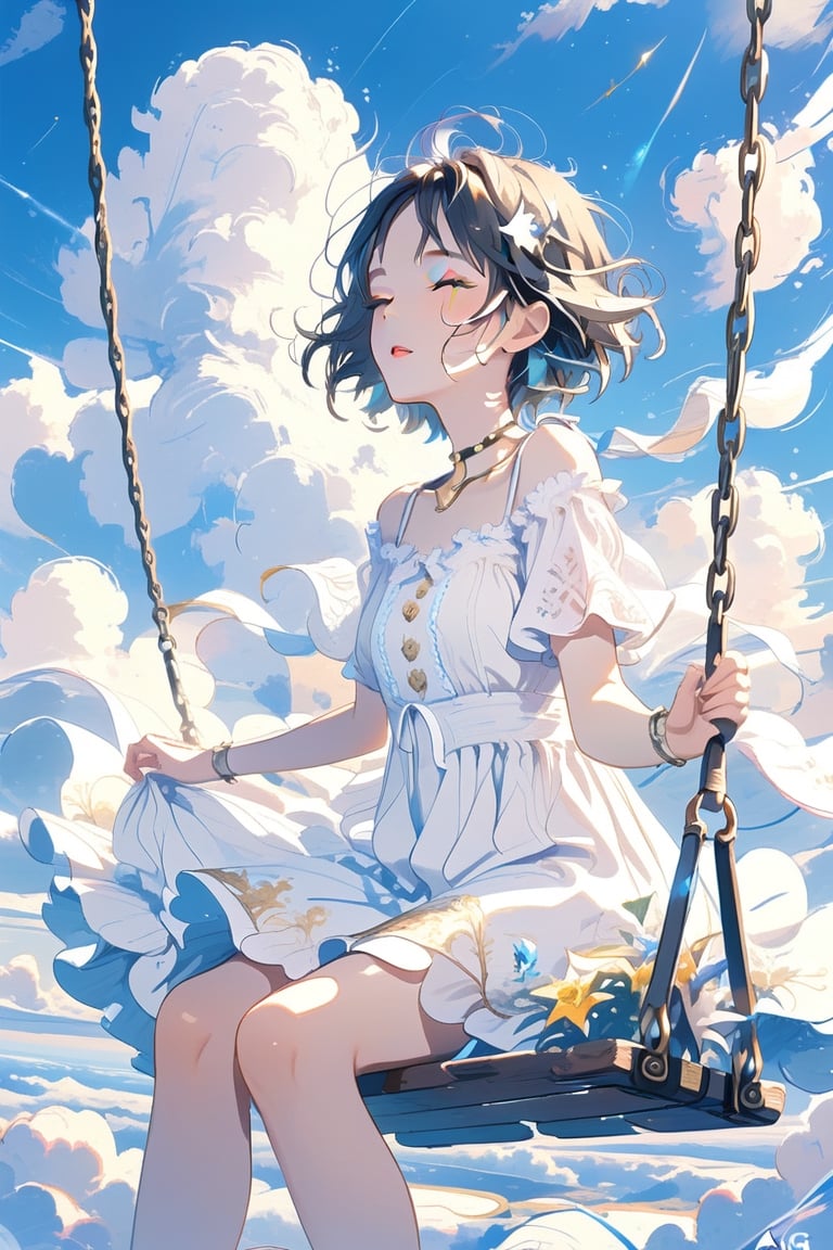 best quality,masterpiece,1girl, above clouds, solo, short hair, bangs, black hair, dress, sitting, closed eyes, short sleeves, outdoors, parted lips, sky, day, cloud, white dress, blue sky, cloudy sky, swing


,cute,anime,mix,pastel,scenery,AG