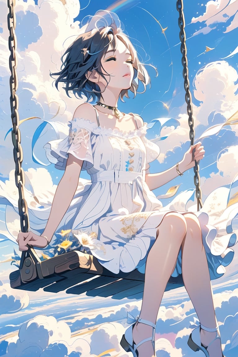 best quality,masterpiece,1girl, above clouds, solo, short hair, bangs, black hair, dress, sitting, closed eyes, short sleeves, outdoors, parted lips, sky, day, cloud, white dress, blue sky, cloudy sky, swing


,cute,anime,mix,pastel,scenery,AG