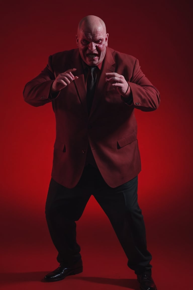 mr skie,s late 30s, balding , a gang leadercrimeboss, obese, funny build, wears toomany rings, has a gruff face and in a dynamic pose, set against a blood red background, enigmatic, captured in a panning shot as if by a Fujifilm GFX 100S with a 50mm lens, against a blood red background with cinematic poses and eerie shadows, --weird 1000 --stylize 300 --ar 4:3 --v 6