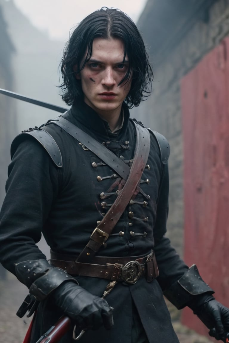 nathaniel harding- A young aristocrat turned rebel, wears a medival tactical gear ,early 20s, with black middle length hair, with a stylized katana oozzing red enrgy. enigmatic, captured in a panning shot as if by a Fujifilm GFX 100S with a 50mm lens, against a blood brighht red background with cinematic poses and eerie shadows, --weird 1000 --stylize 300 --ar 4:3 --v 6