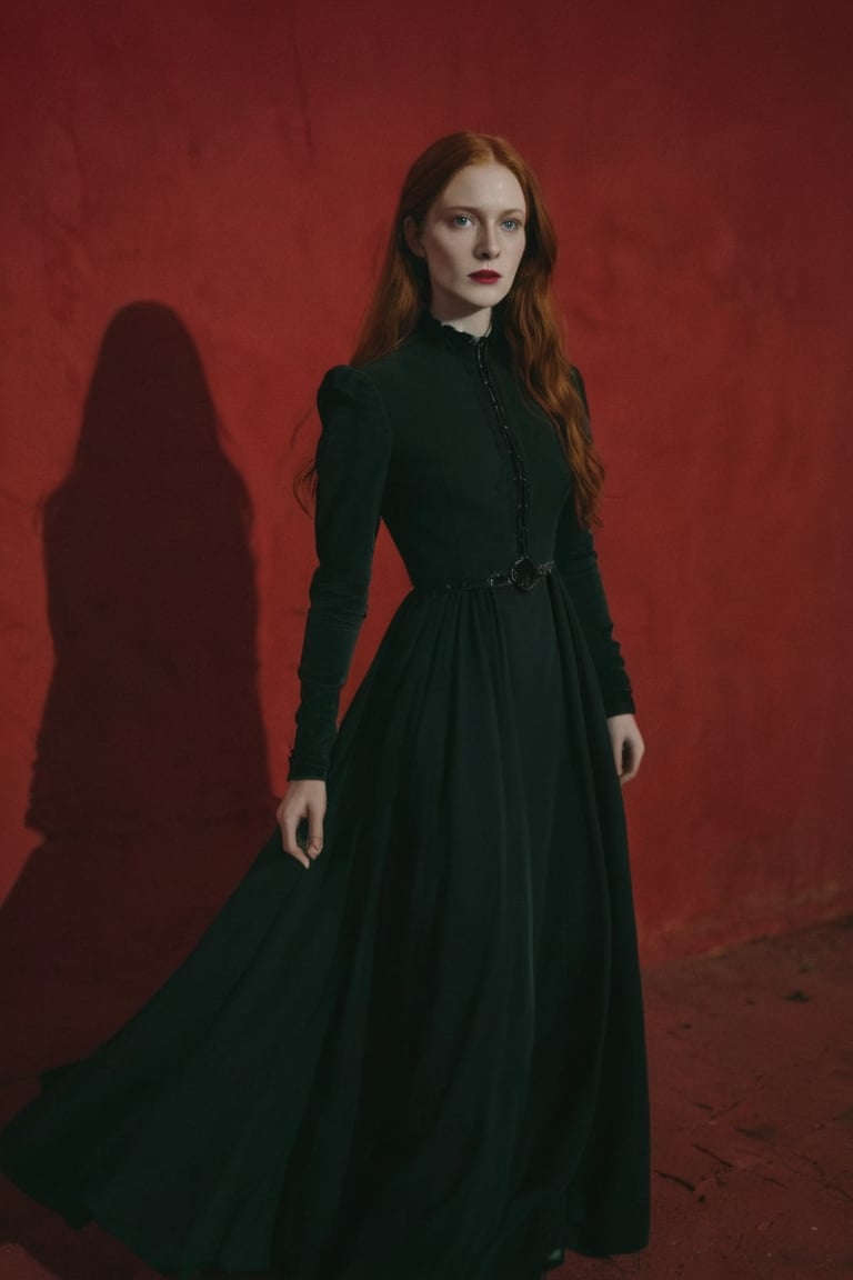 tamara has long auburn hair , a noblewoman, green piercing eyes and a long black dress and a slender and graceful pose.ontemplative, introspective, She’s set against a blood red background that adds an eerie atmosphere with subtle hints of shadows. This should give a more intense and mysterious vibe to her character. enigmatic, captured in a panning shot as if by a Fujifilm GFX 100S with a 50mm lens, against a blood red background with cinematic poses and eerie shadows, --weird 1000 --stylize 300 --ar 4:3 --v 6