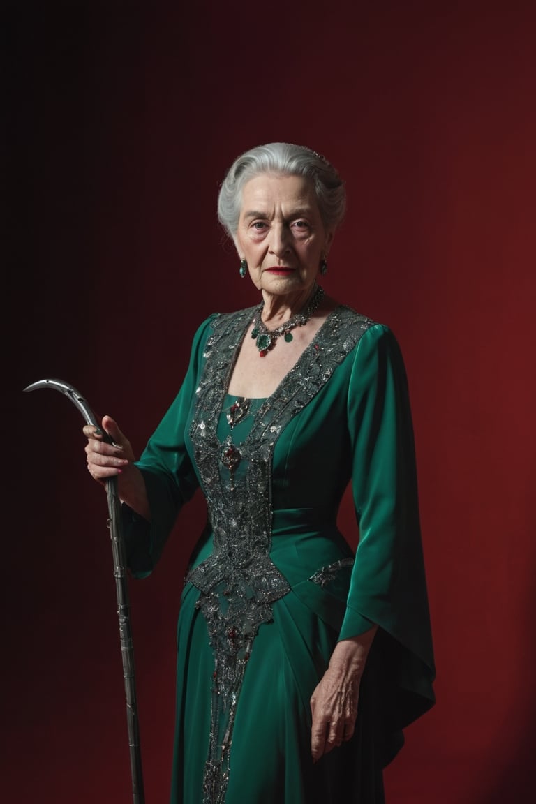 Lady Josephine Harding: The matriarch of the elite Harding clan, late 40s, grey hair, elite class with many jewelry , limps with a cane, unique looking face, green bright detailed dress, dynamic pose, set against a blood red background, enigmatic, captured in a panning shot as if by a Fujifilm GFX 100S with a 50mm lens, against a blood red background with cinematic poses and eerie shadows, --weird 1000 --stylize 300 --ar 4:3 --v 6