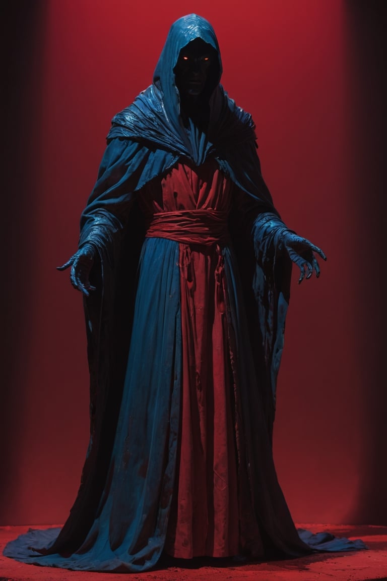 virgil the keeper: A shadow humanlike cosmic figure entity as old as the primordial abyss itself. Virgil has slithered across countless realities, serving as a mercurial guide and trickster figure to those lost between realms. tall hunched figure with eerie dimeniosns,blue bright detailed robe, dynamic pose, set against a blood red background, enigmatic, captured in a panning shot as if by a Fujifilm GFX 100S with a 50mm lens, against a blood red background with cinematic poses and eerie shadows, --weird 1000 --stylize 300 --ar 4:3 --v 6