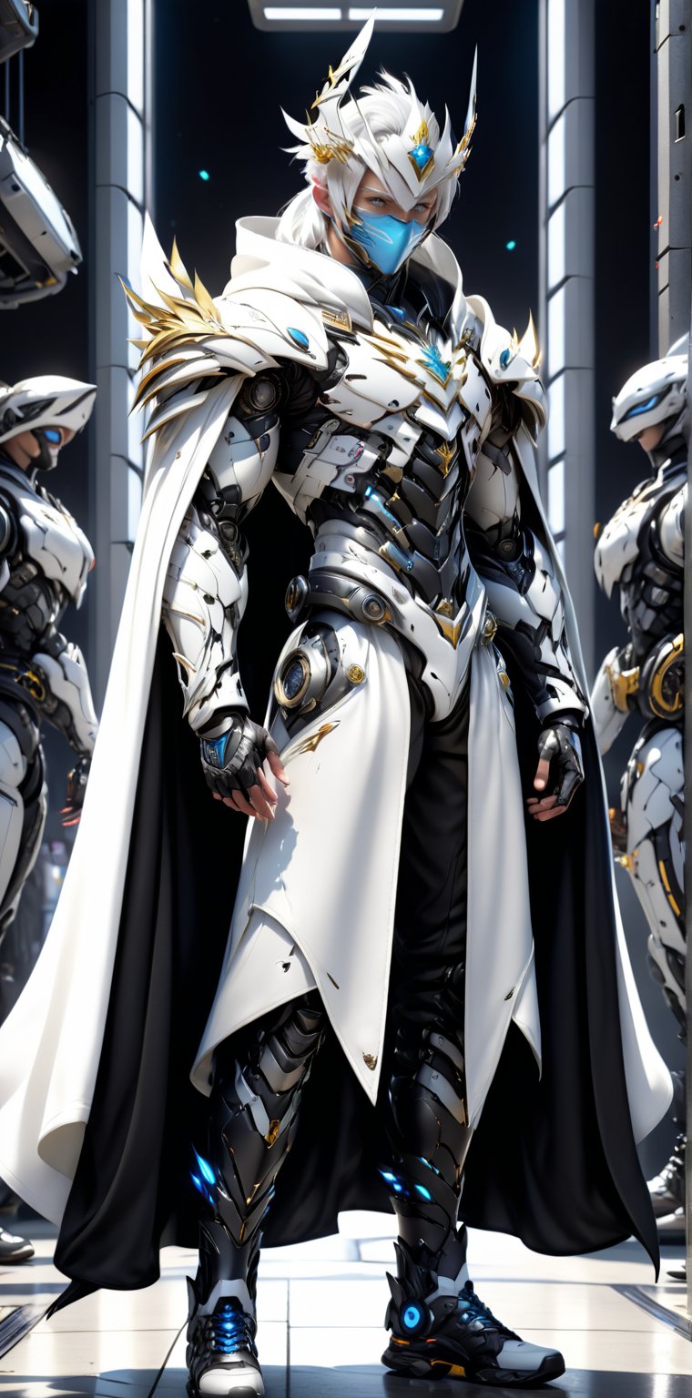 A realistic full-body length digital model poster in anime style featuring a young man with white hair, long hair and blue eyes, wearing a king's crown, a hood, a hood up, a hooded jacket, a white zipper shirt, a white futuristic robe, black pants, a mouth mask, open clothes, an exosuit and wearing shoes, standing confidently with crossed arms, and futuristic background, Pixar style, HDR, UHD, 64K